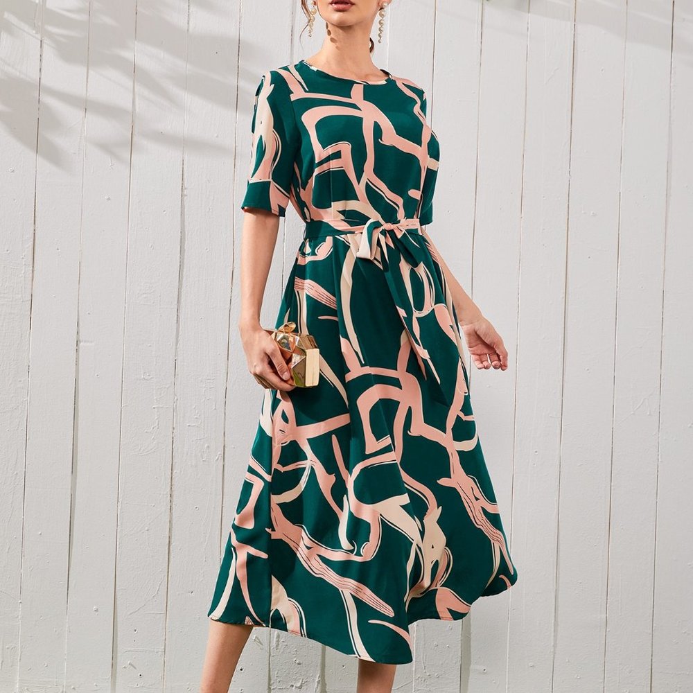 New Allover Print Belted Dress Green